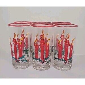 Vtg Christmas Federal Glass 6 Pc Tumblers Red Candles Holly Berry Red Green